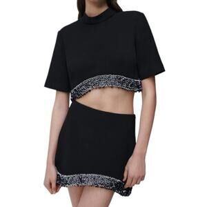 Jonathan Simkhai Short Sleeve‎ Embellished Crop Top Black Size 14 Luxe